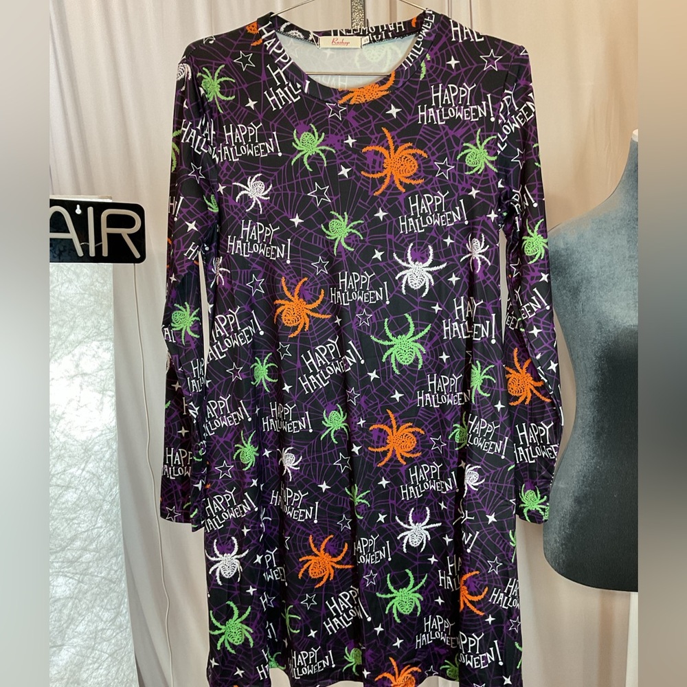 Halloween Long Sleeve Top/Dress/pajamas,Black with Orange, Green, Purple Spiders